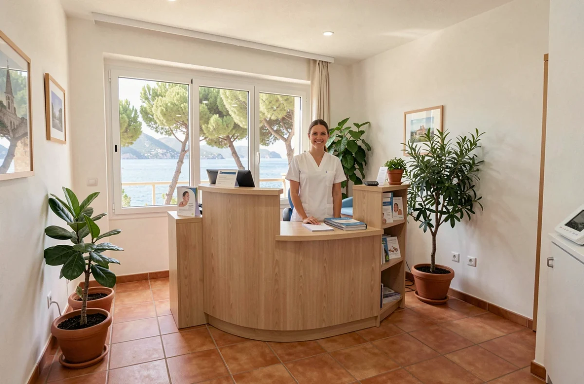 Salle d'attente d'un cabinet dentaire moderne en Corse avec vue sur la mer