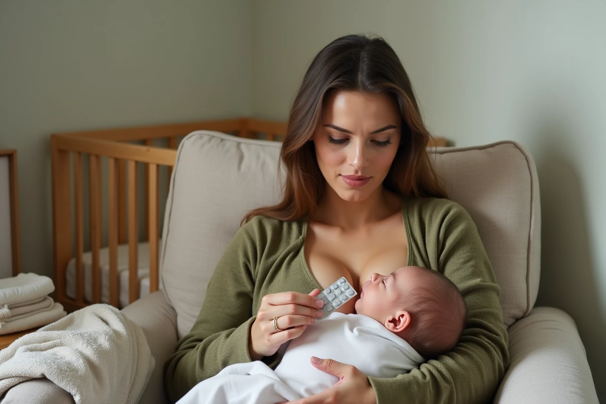 Jeune mère allaitant son nouveau-né tout en consultant une boîte de médicaments probiotiques