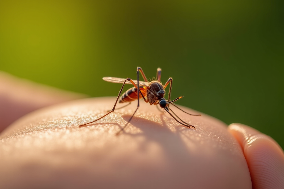 Moustique posé sur une main en extérieur sous lumière naturelle