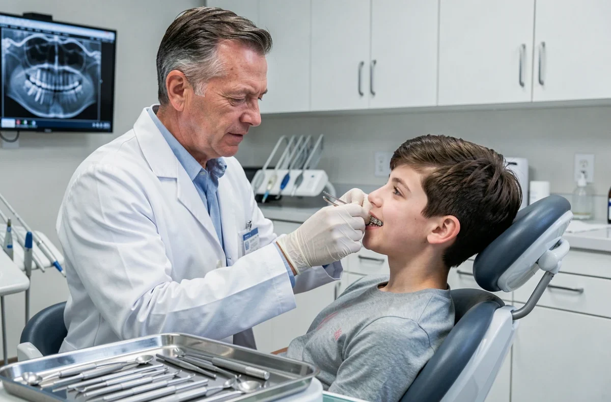 Orthodontiste spécialiste examinant des bagues dentaires sur un patient à Bastia