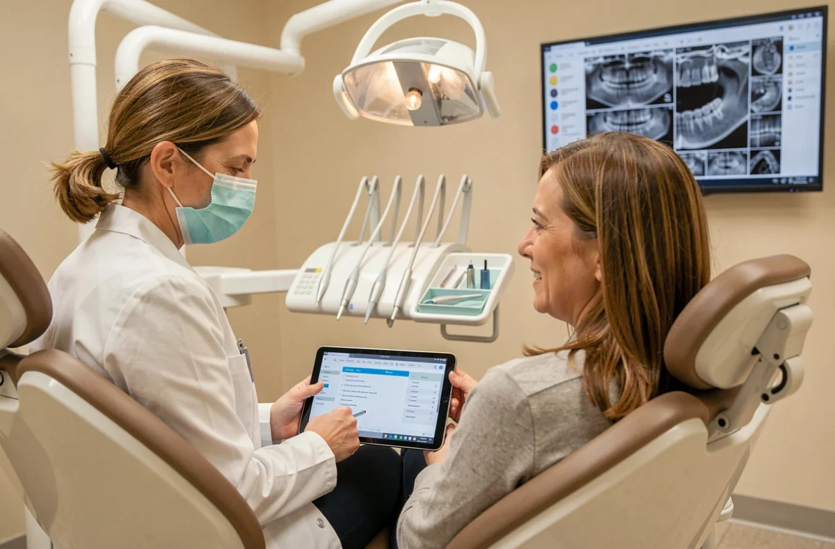 Dentiste femme consultant une patiente pour des soins prothétiques à Bastia