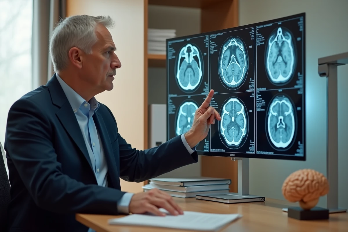 Neurologue en consultation pointant des taches blanches sur une IRM cérébrale imprimée