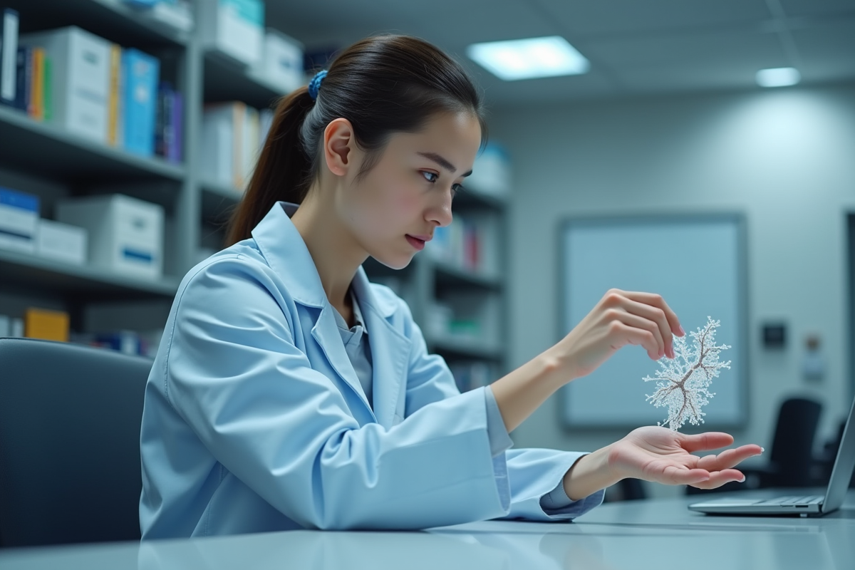 Jeune neuroscientifique examinant un modèle de neurone en laboratoire