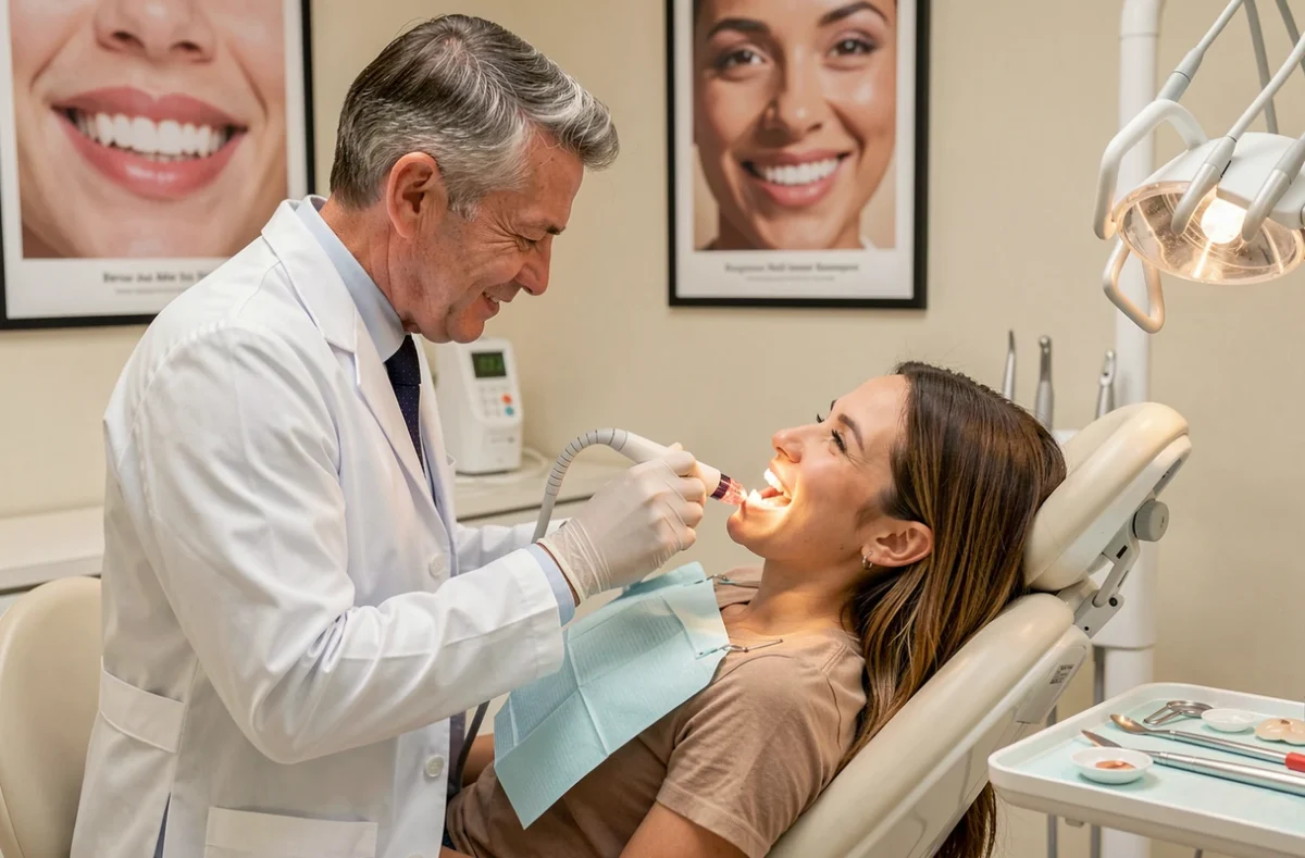 Dentiste réalisant des soins esthétiques dentaires sur une patiente à Bastia