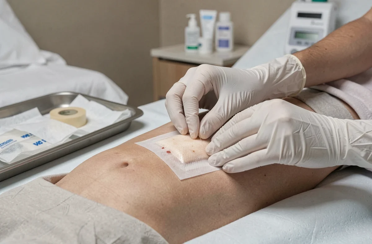 Gros plan de mains gantées appliquant un pansement hydrocolloïde sur la zone sacrée d'un patient, prévention et traitement d'escarre post-opératoire