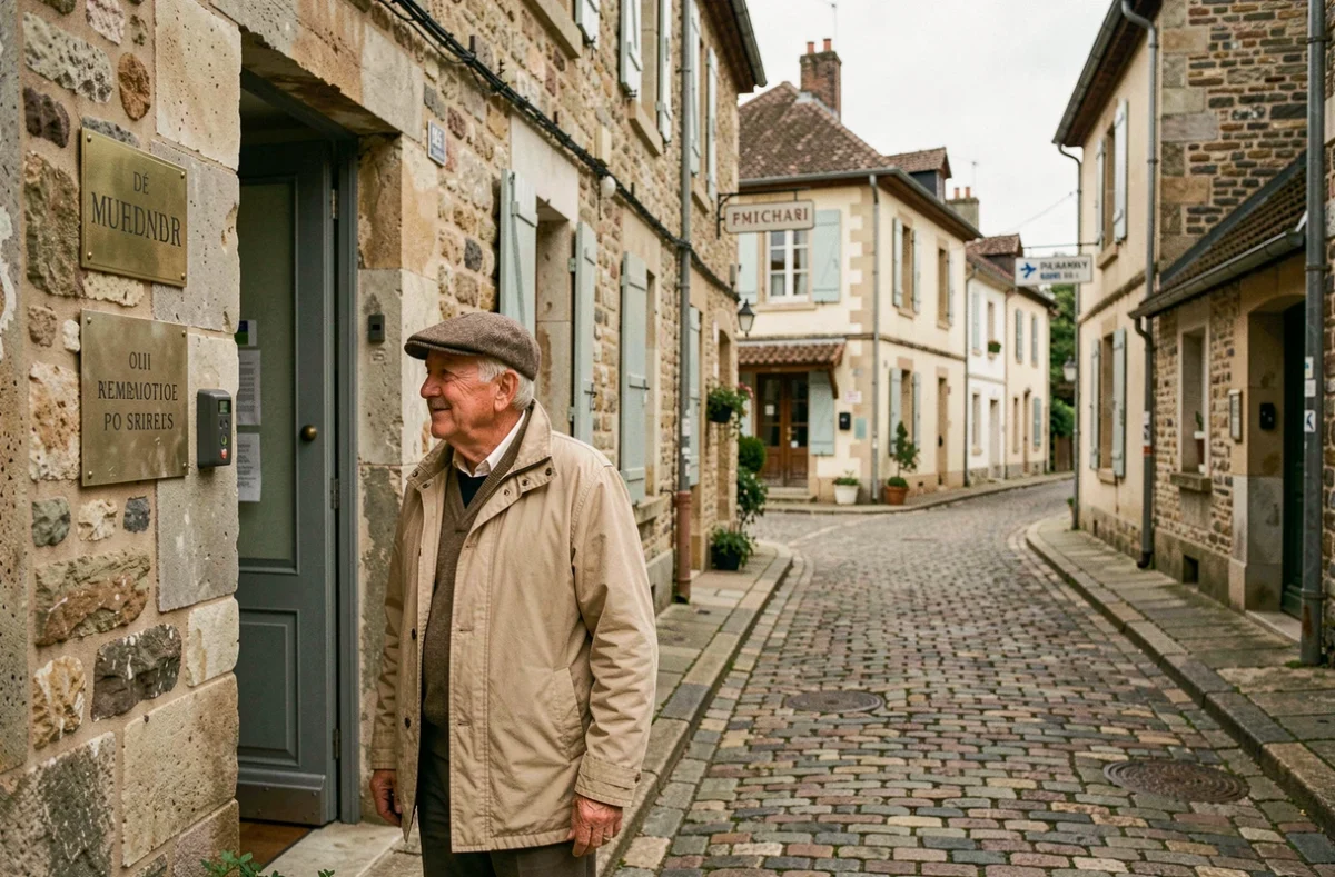 Personne âgée devant un cabinet médical en milieu rural, symbolisant la difficulté d'accès aux soins dans les déserts médicaux
