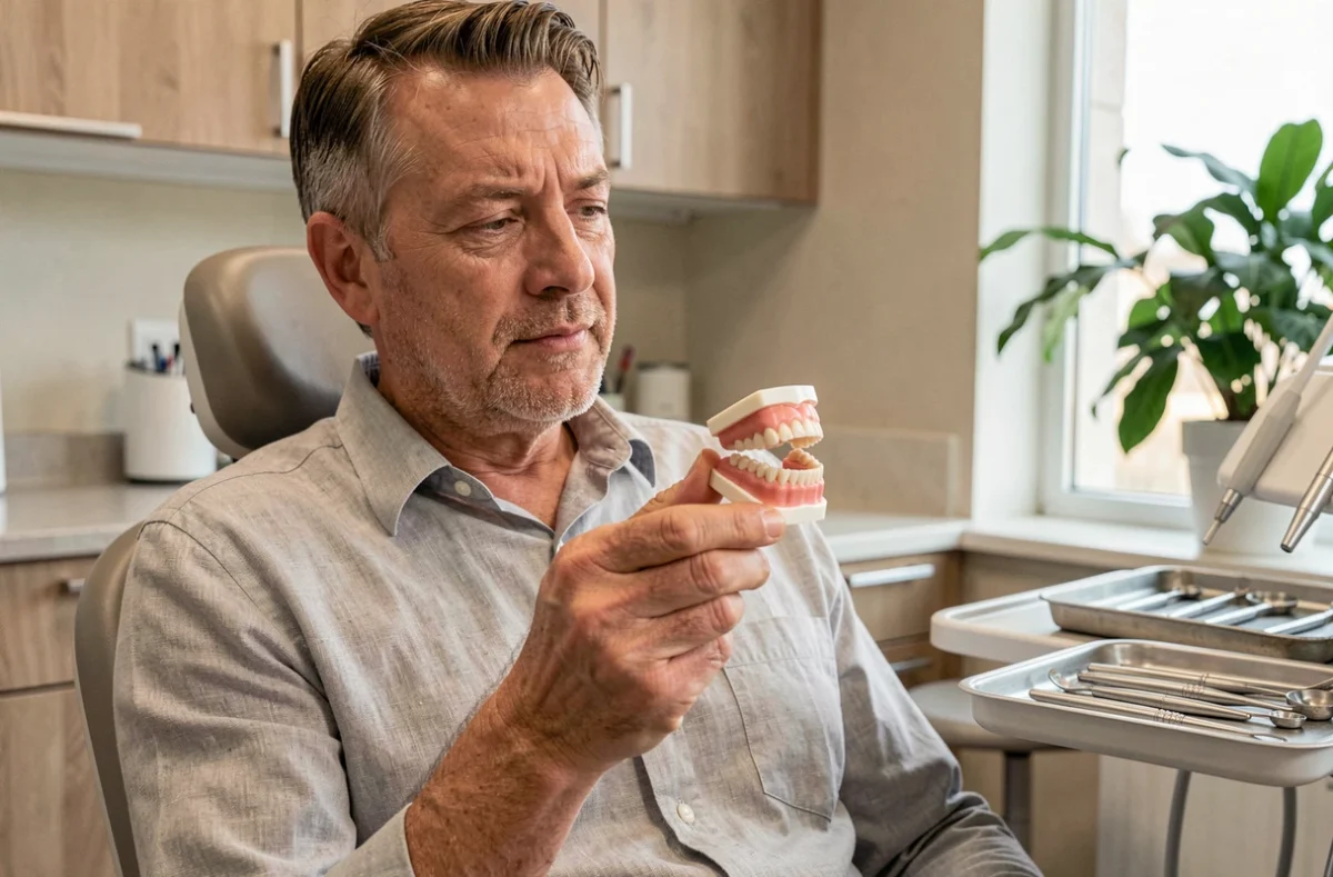Patient tenant un modèle de bridge dentaire et évaluant ses options prothétiques chez le dentiste