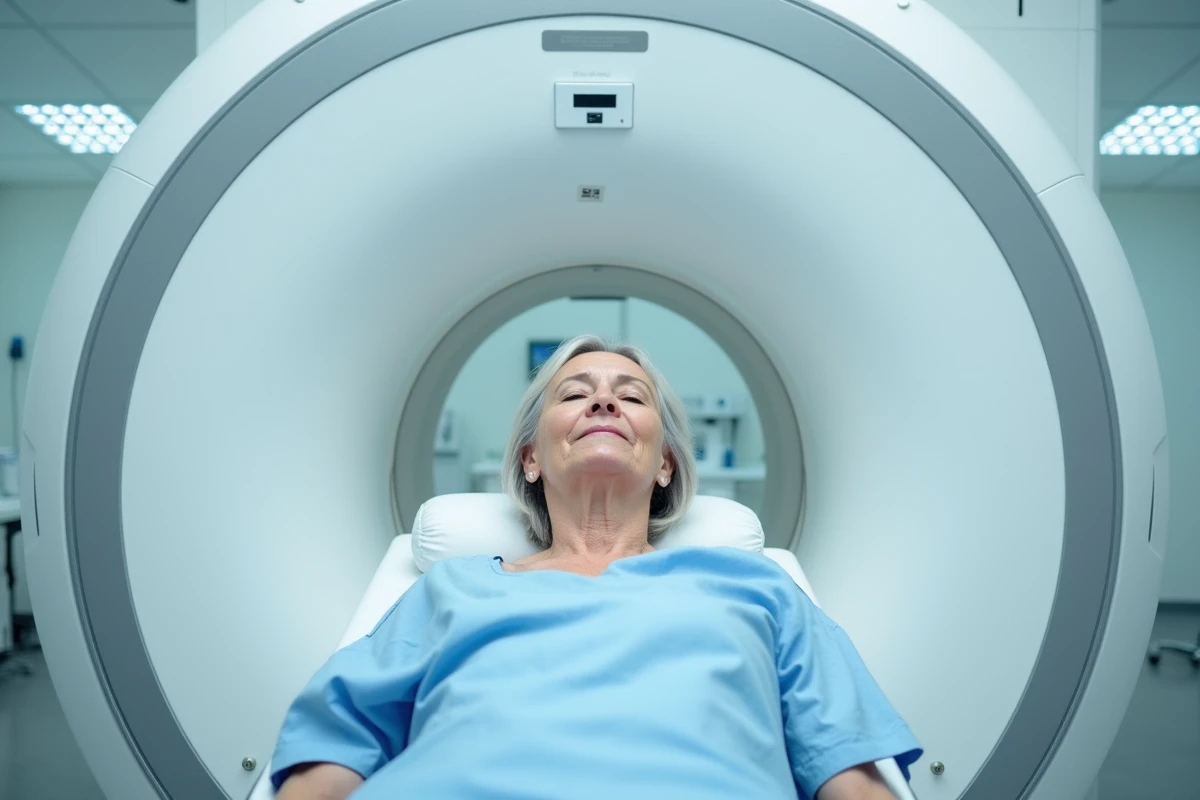 Patiente allongée dans un appareil IRM lors d'un examen cérébral de contrôle en service de radiologie