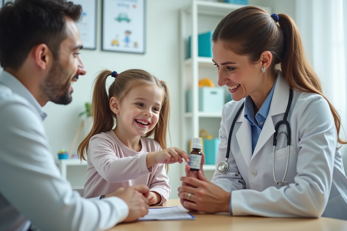 Pediatre avec une petite fille et son père dans un cabinet médical