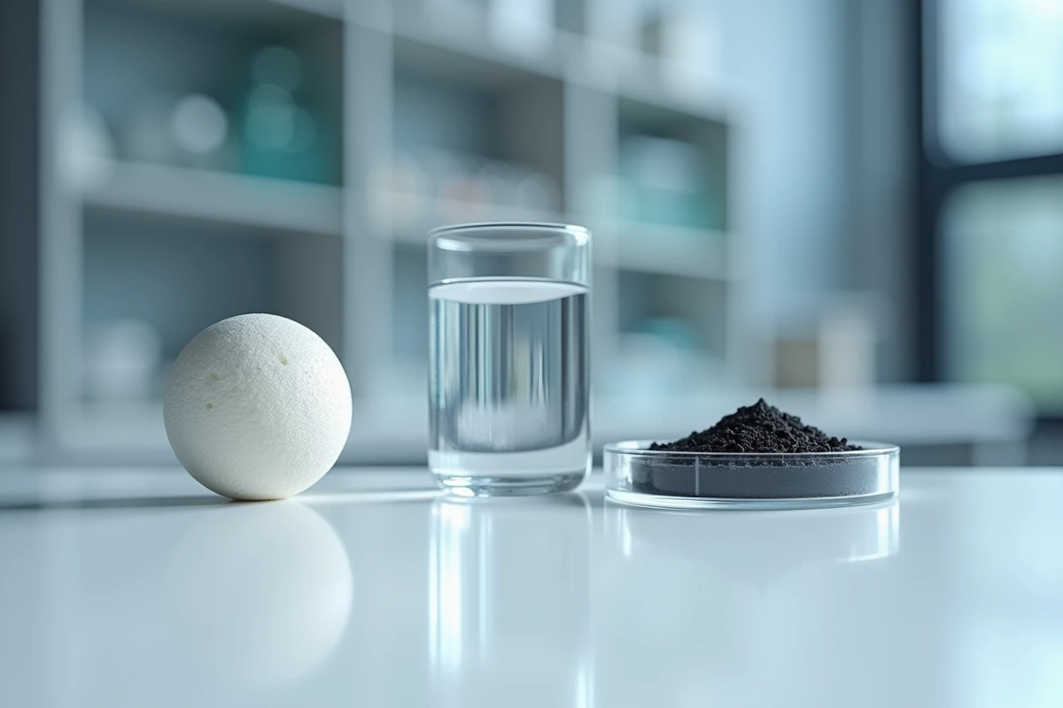 Gros plan scientifique d'une perle de céramique posée près d'un bécher en verre et de charbon actif sur une paillasse de laboratoire