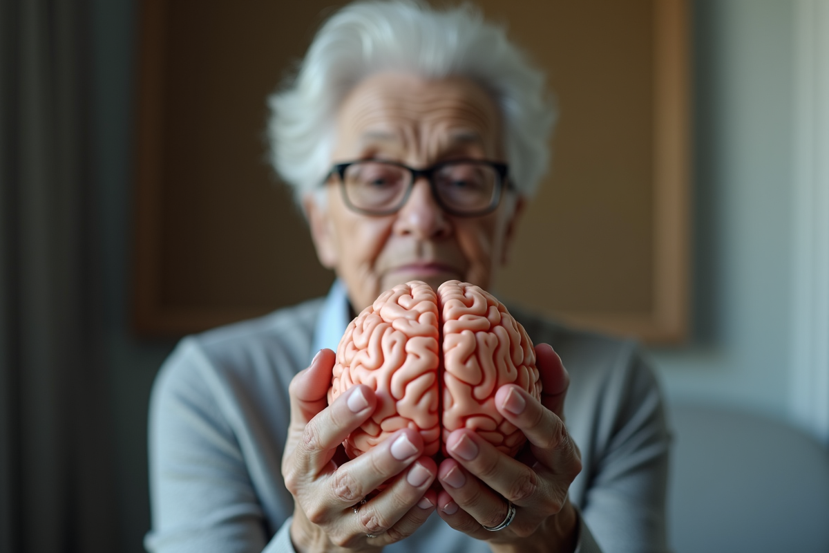 Personne agee tenant un modele de cerveau en 3D dans les mains