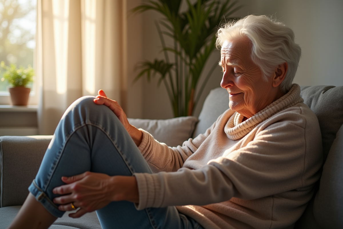 Personne agee se relaxant en massant ses jambes à la maison