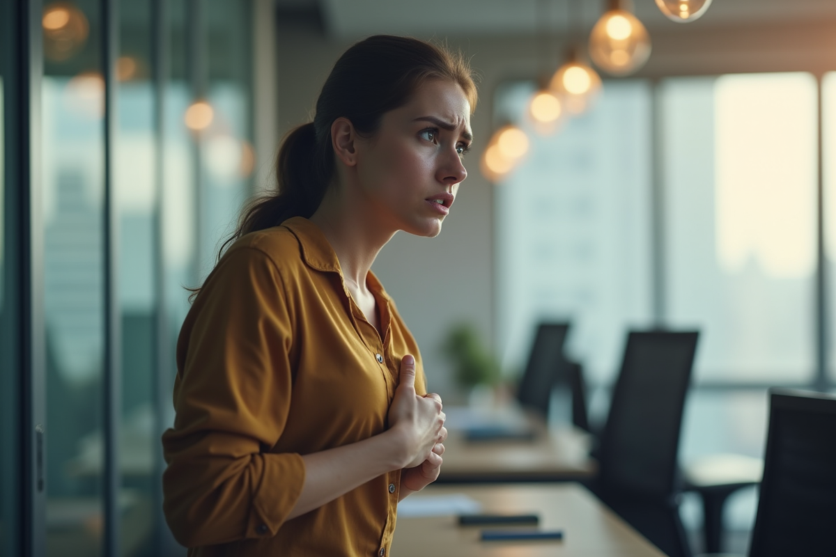 Personne au bureau avec une expression inquiète tenant sa poitrine