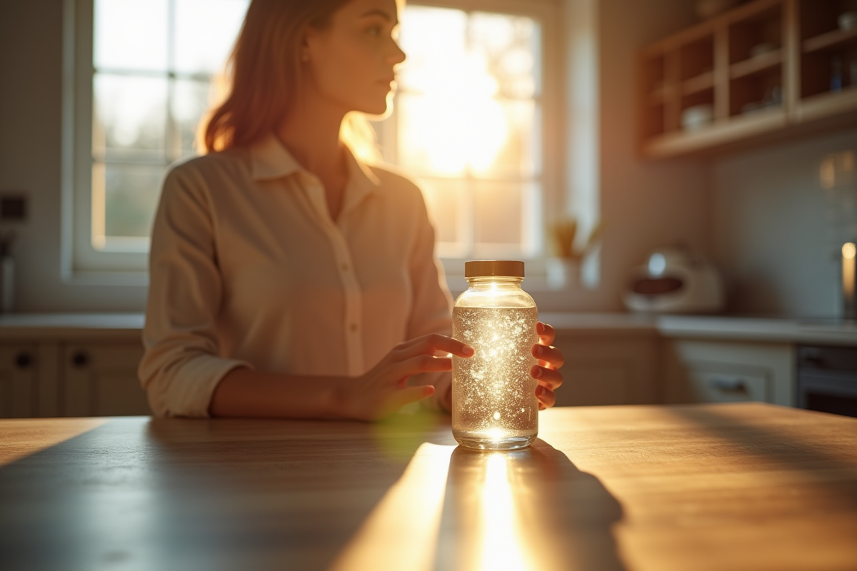 Personne tenant un verre d'eau magnesium dans une cuisine lumineuse