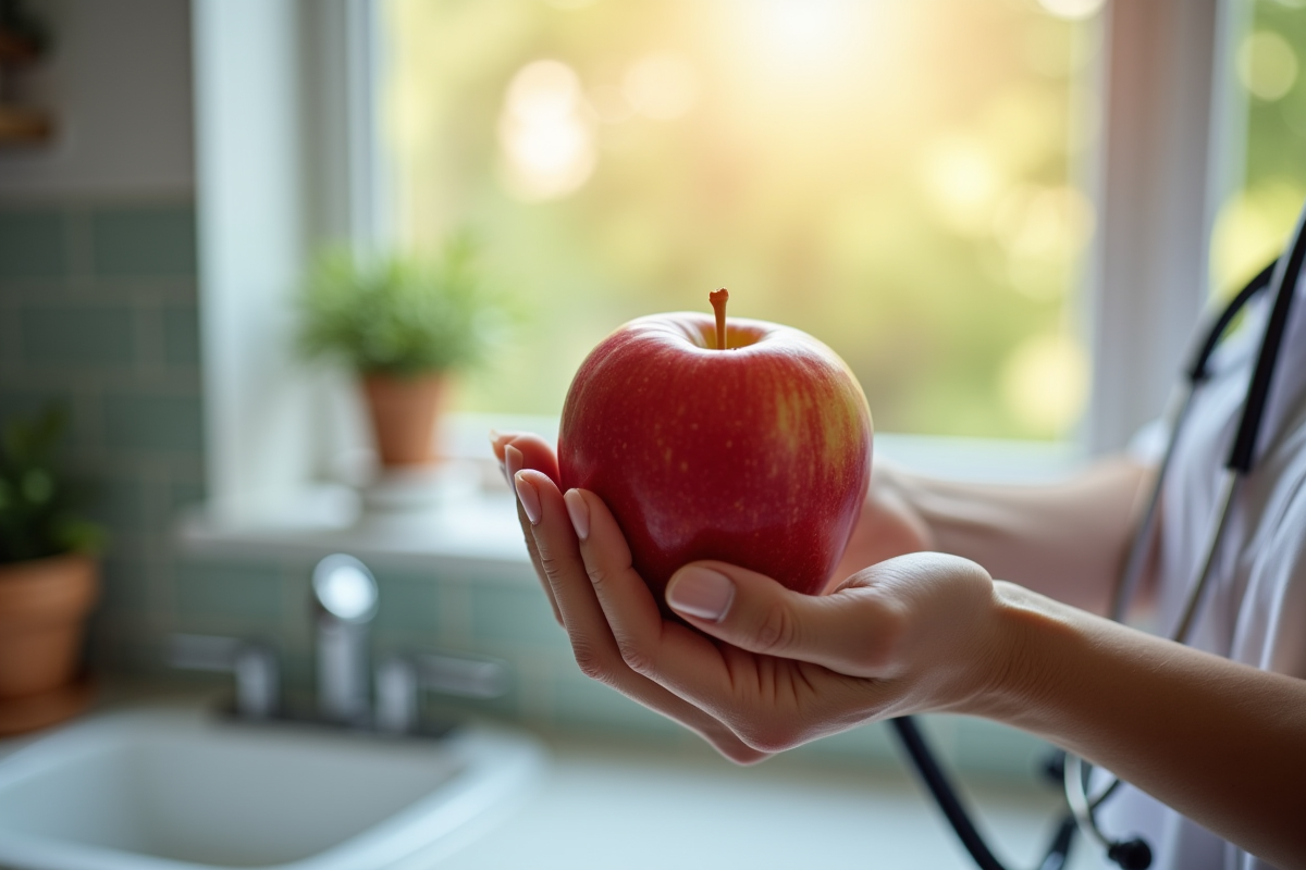 Personne tenant une pomme rouge avec un stéthoscope en main