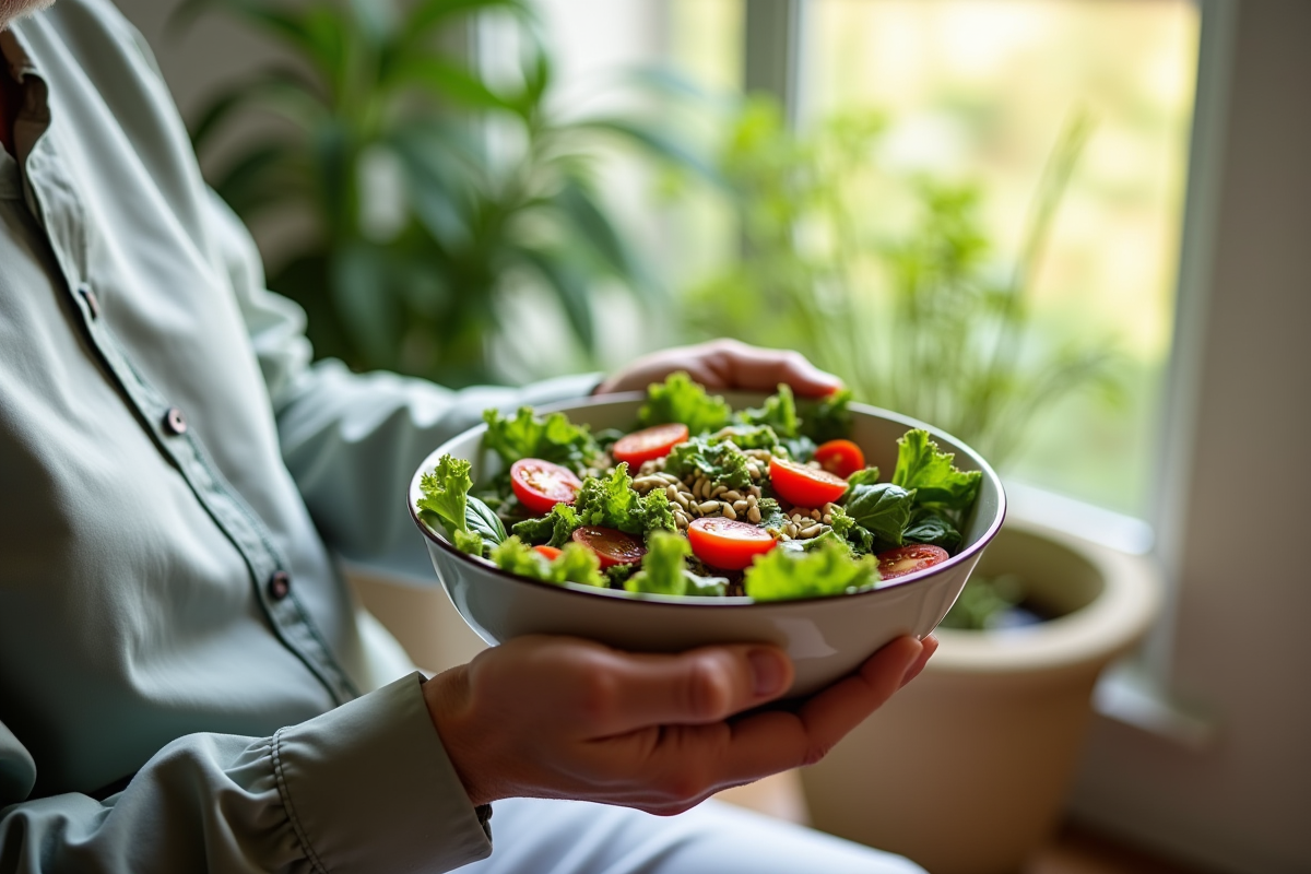 Personne âgée tenant une salade verte fraîche