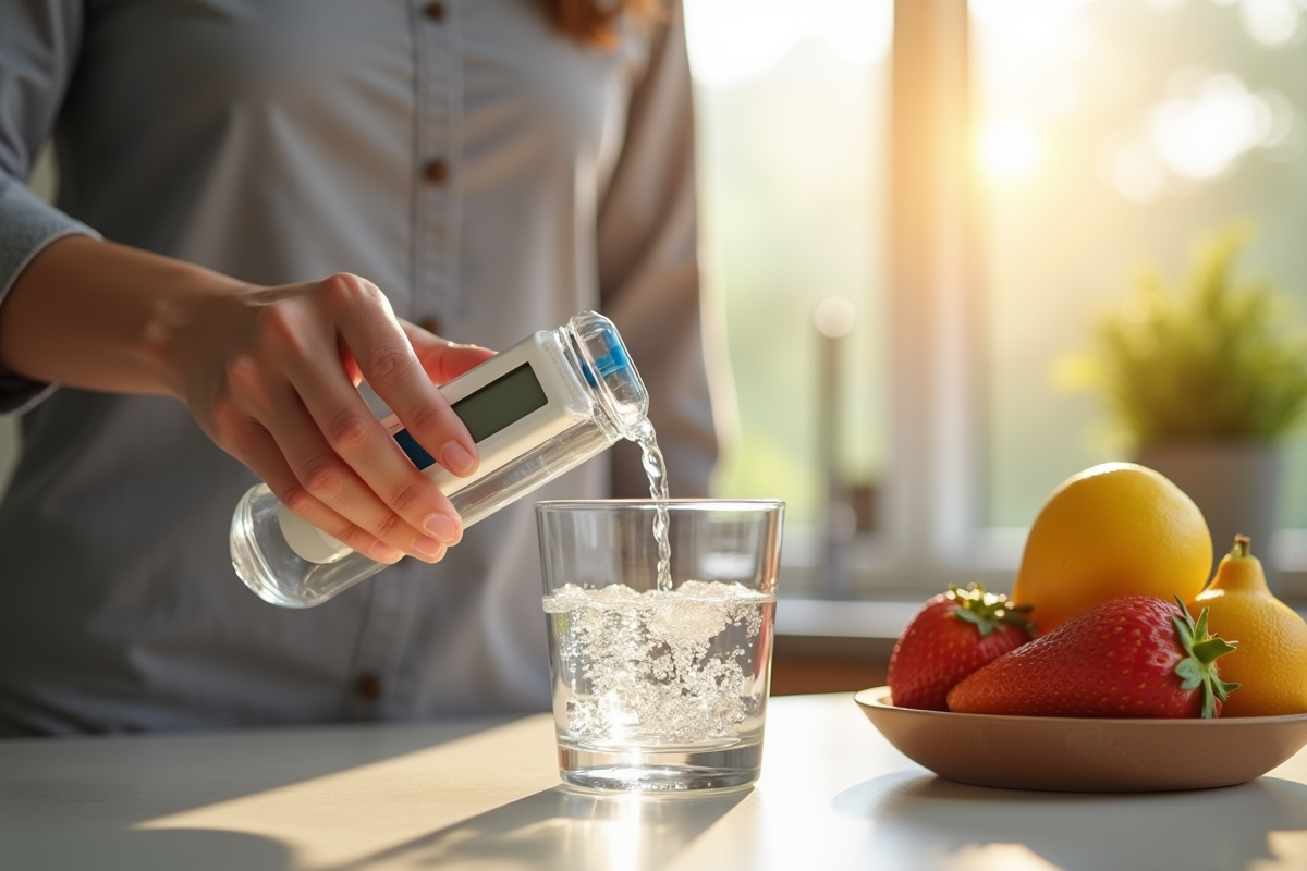 Personne versant de l'eau Glof à une table moderne avec glucose et fruits