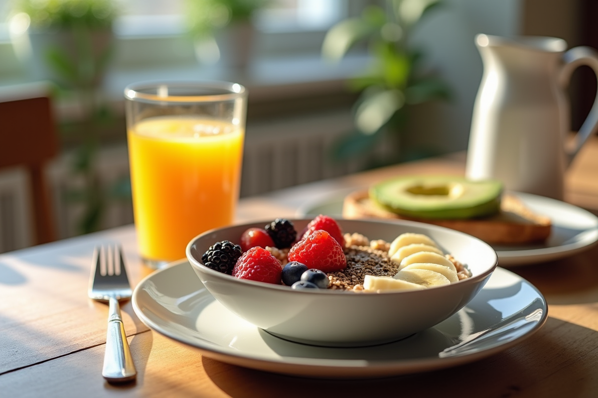 Petit déjeuner avec bol de flocons d'avoine et fruits frais