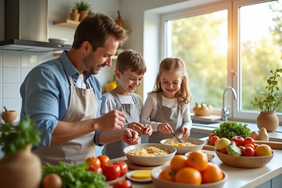 Famille heureuse préparant un petit déjeuner sain dans une cuisine lumineuse