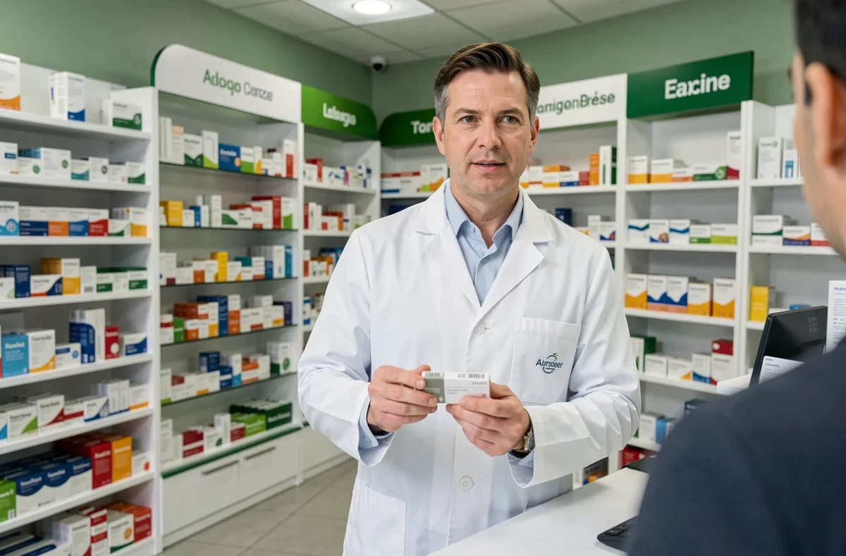 Pharmacien en blouse blanche présentant un traitement GLP-1 amaigrissant au comptoir d'une pharmacie française