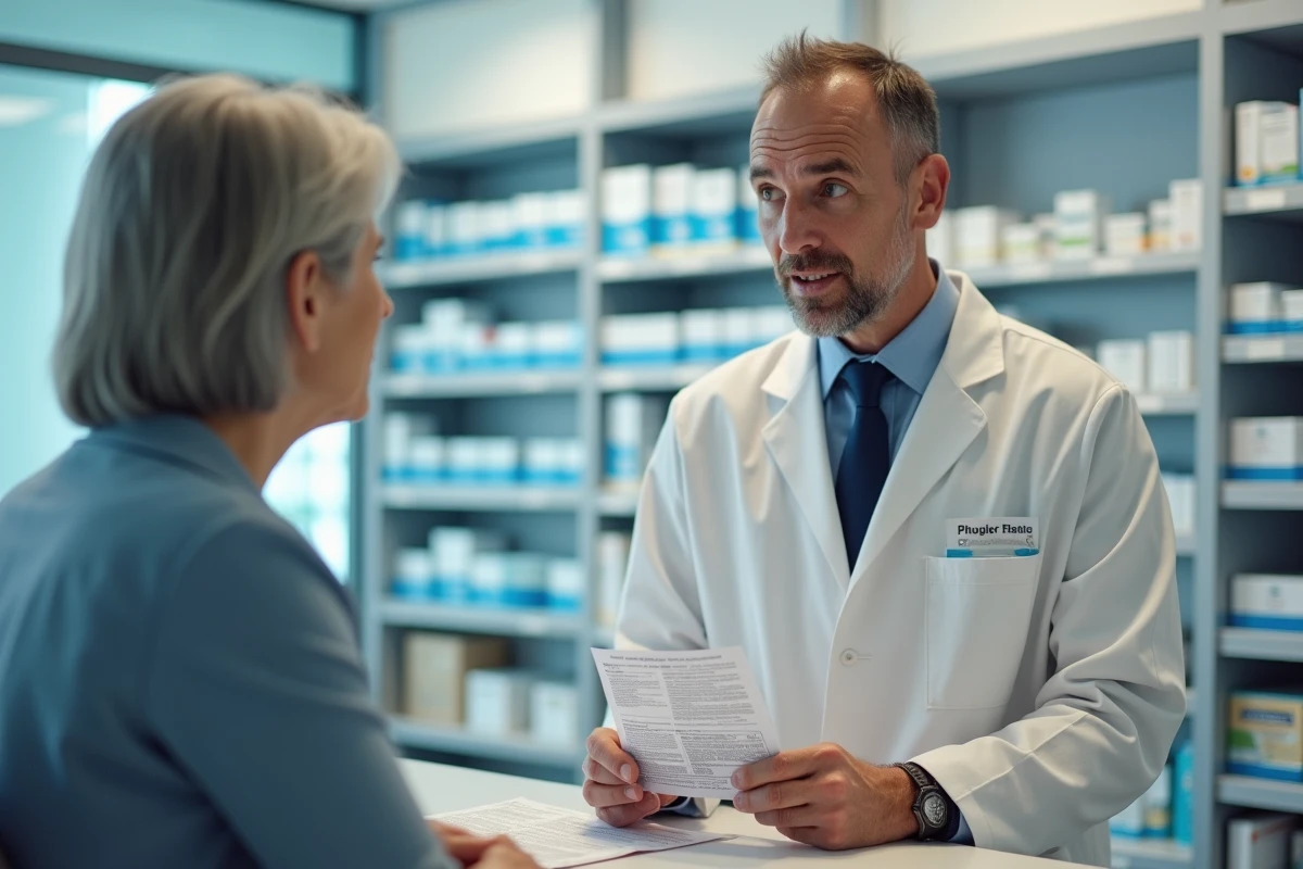 Un pharmacien expliquant le prix et le remboursement du vaccin contre le zona à une patiente senior