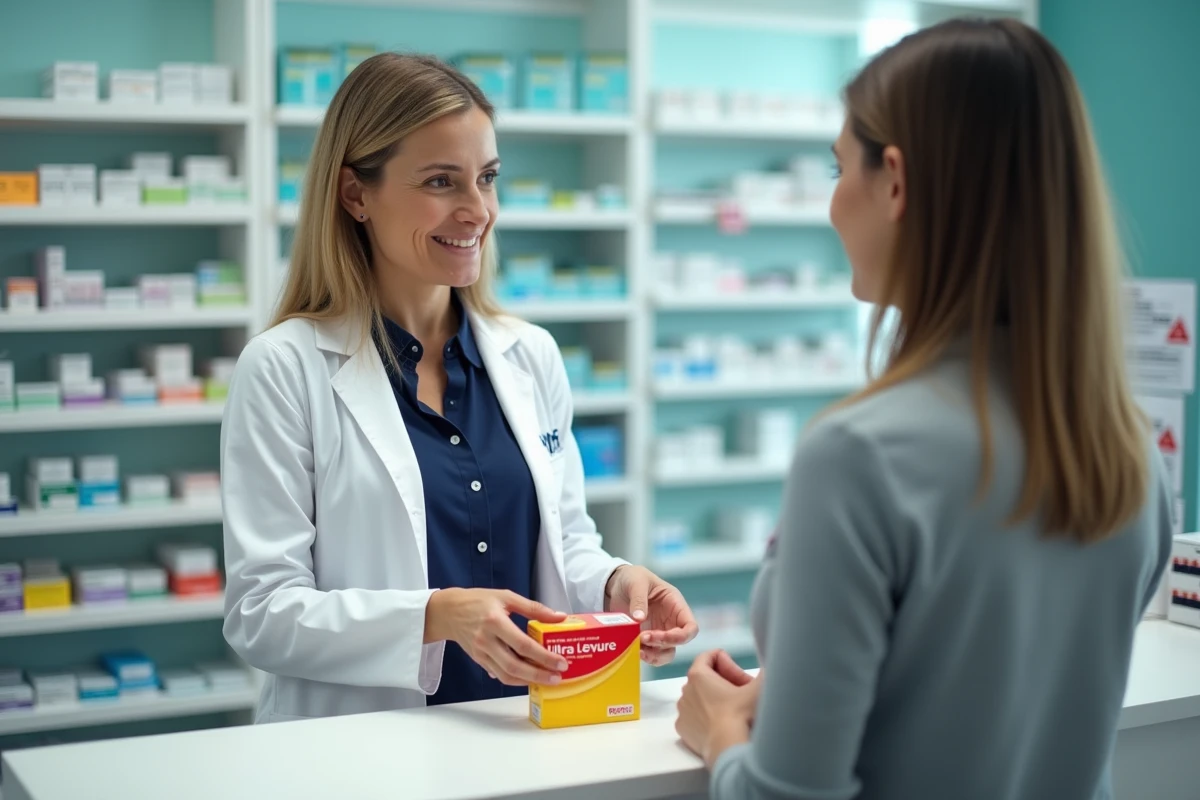 Pharmacienne remettant une boîte d'Ultra Levure à une femme enceinte au comptoir d'une pharmacie