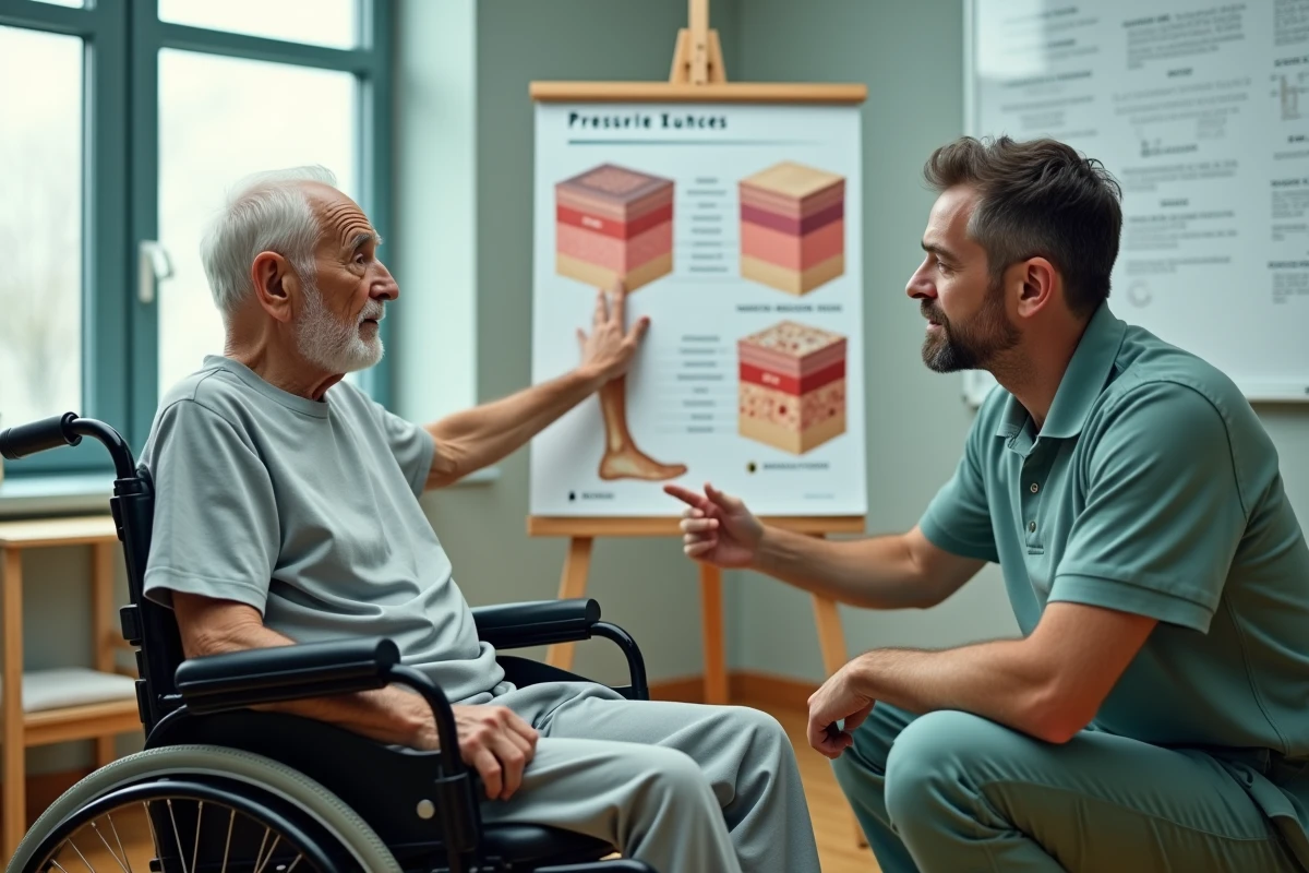 Physiothérapeute expliquant les stades des escarres à un patient âgé en fauteuil roulant à l'aide d'un poster anatomique