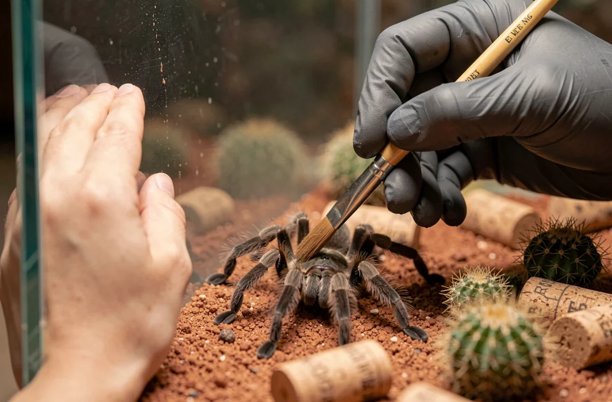 Mains utilisant un pinceau pour déplacer une mygale Brachypelma dans un terrarium désertique sans la stresser