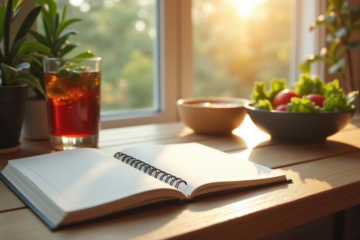 Carnet ouvert avec eau infusée et salade pour réduire la graisse abdominale