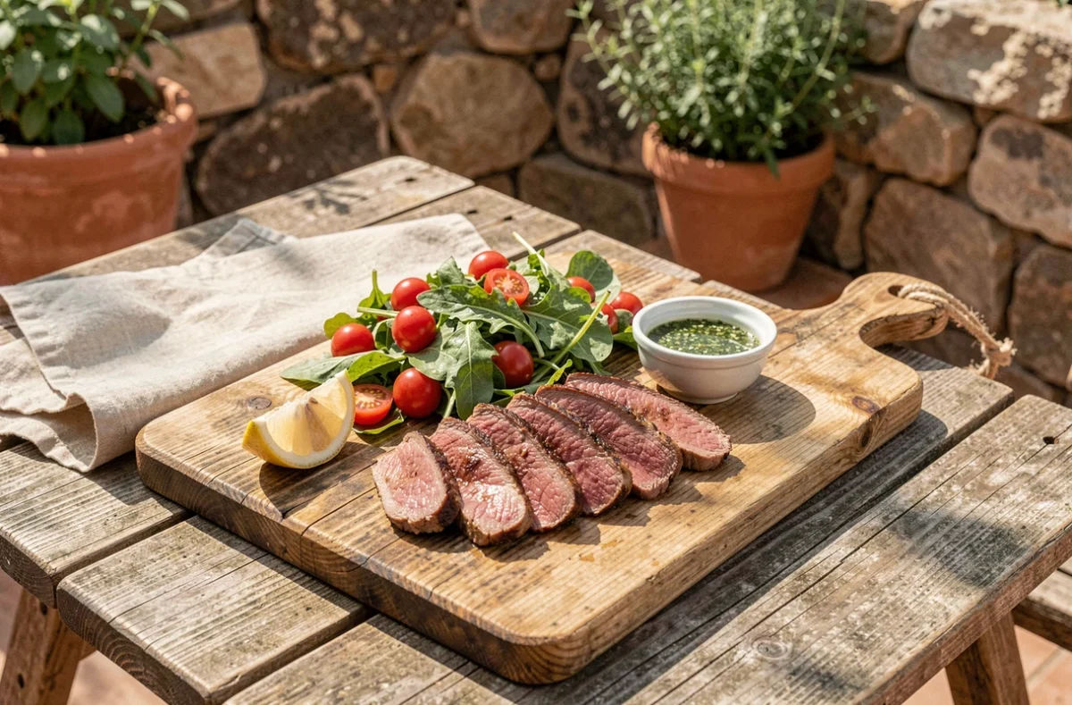 Plateau de viande rouge maigre grillée en tranches avec salade fraîche et sauce aux herbes, servi sur terrasse en plein air