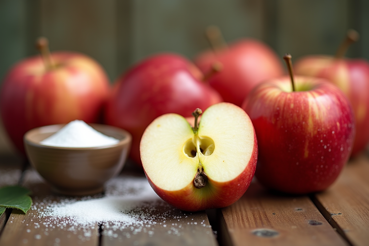 Groupe de pommes fraîches sur une table en bois avec une pomme coupée