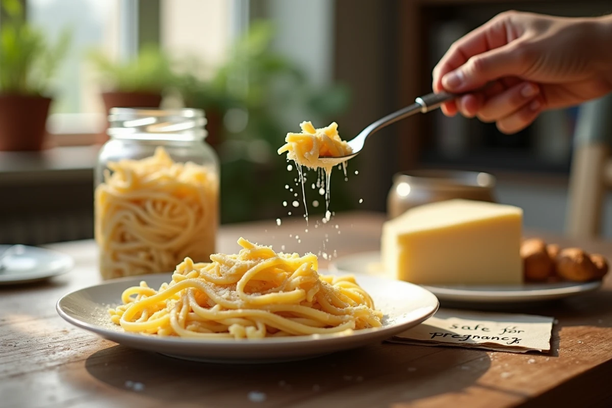 Pot de parmesan et assiette de p&acirc;tes avec note de grossesse