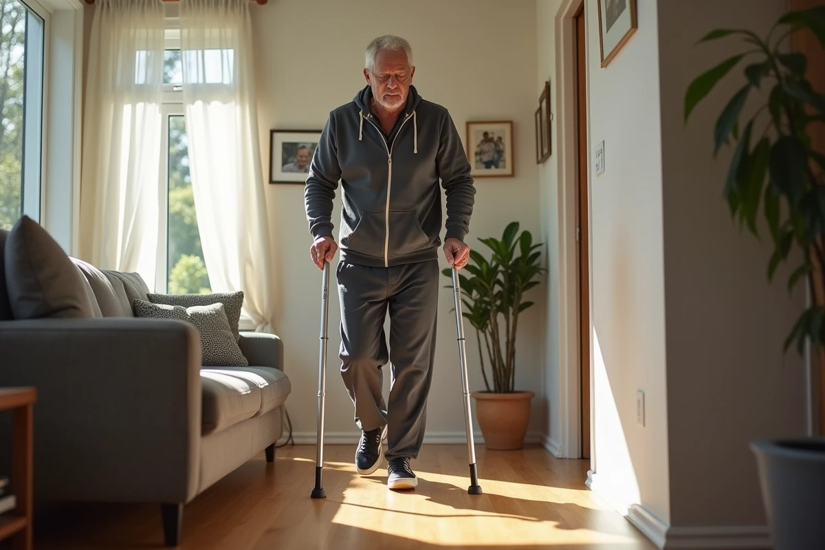 Homme de 40 ans marchant avec un canne dans son salon