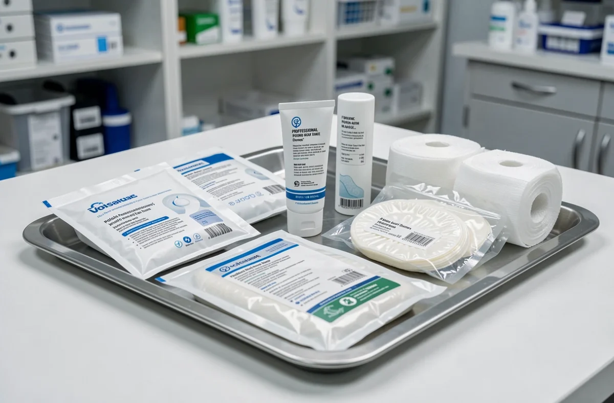Gamme de produits pour pansements et fibrine plaie chirurgicale disposés sur un plateau médical stérile