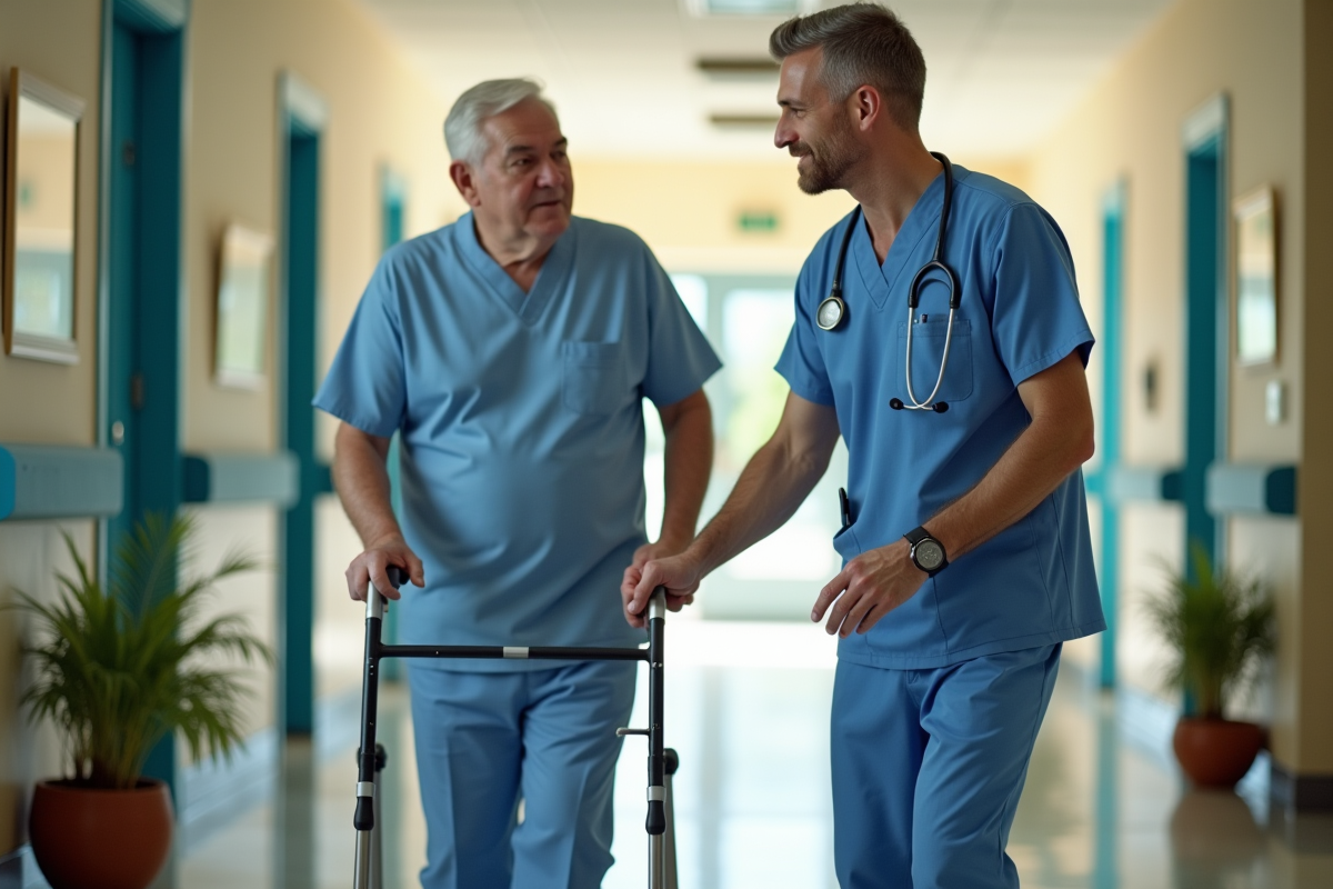 Professionnel de la sante montrant un rollator a un patient dans un centre de rehabilitation