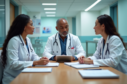 Trois professionnels de santé en réunion dans un hôpital
