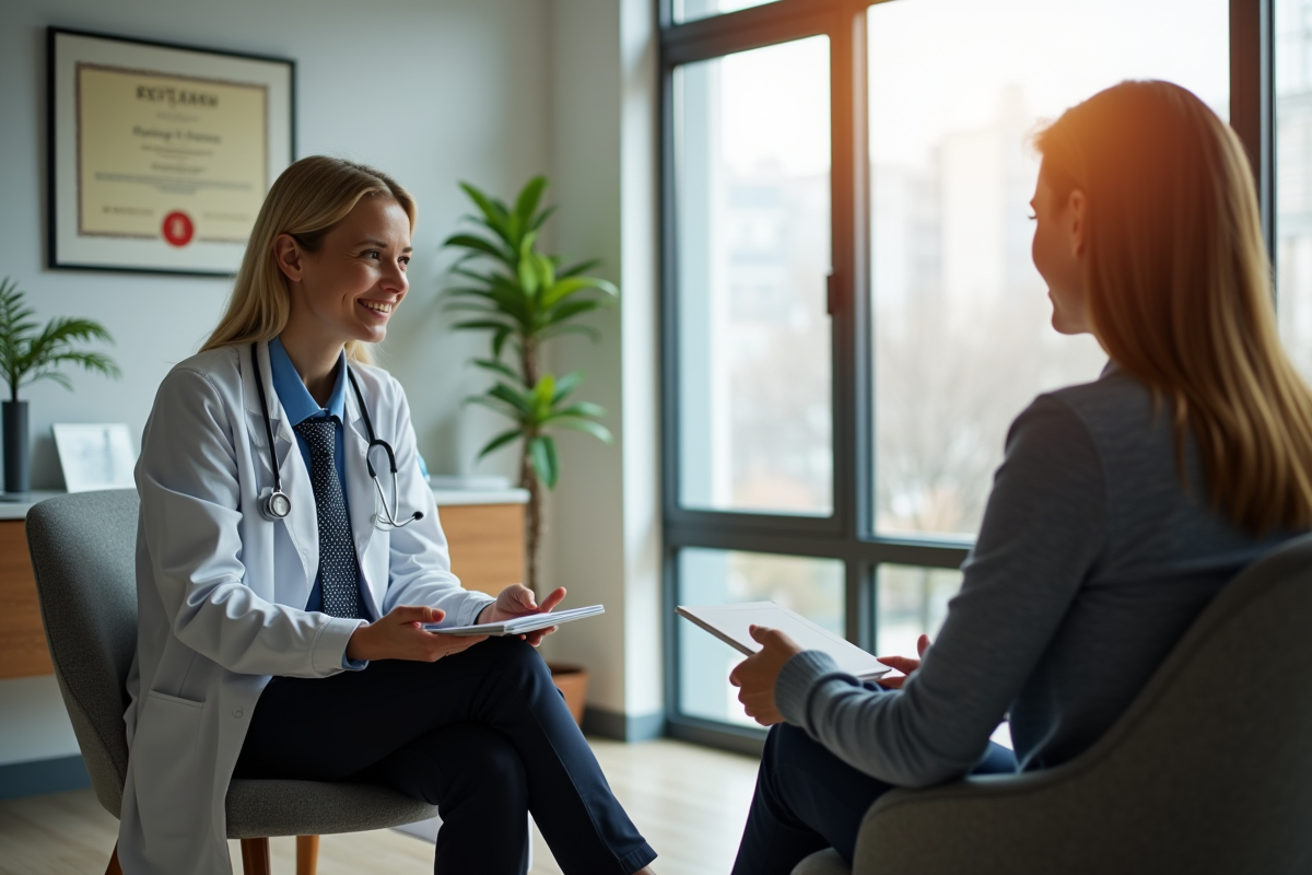 Deux professionnels en consultation dans un cadre professionnel et chaleureux