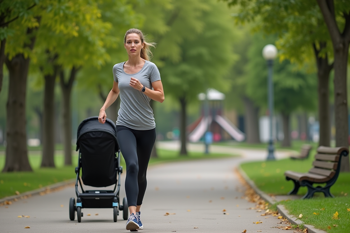 Femme marchant avec poussette dans un parc verdoyant