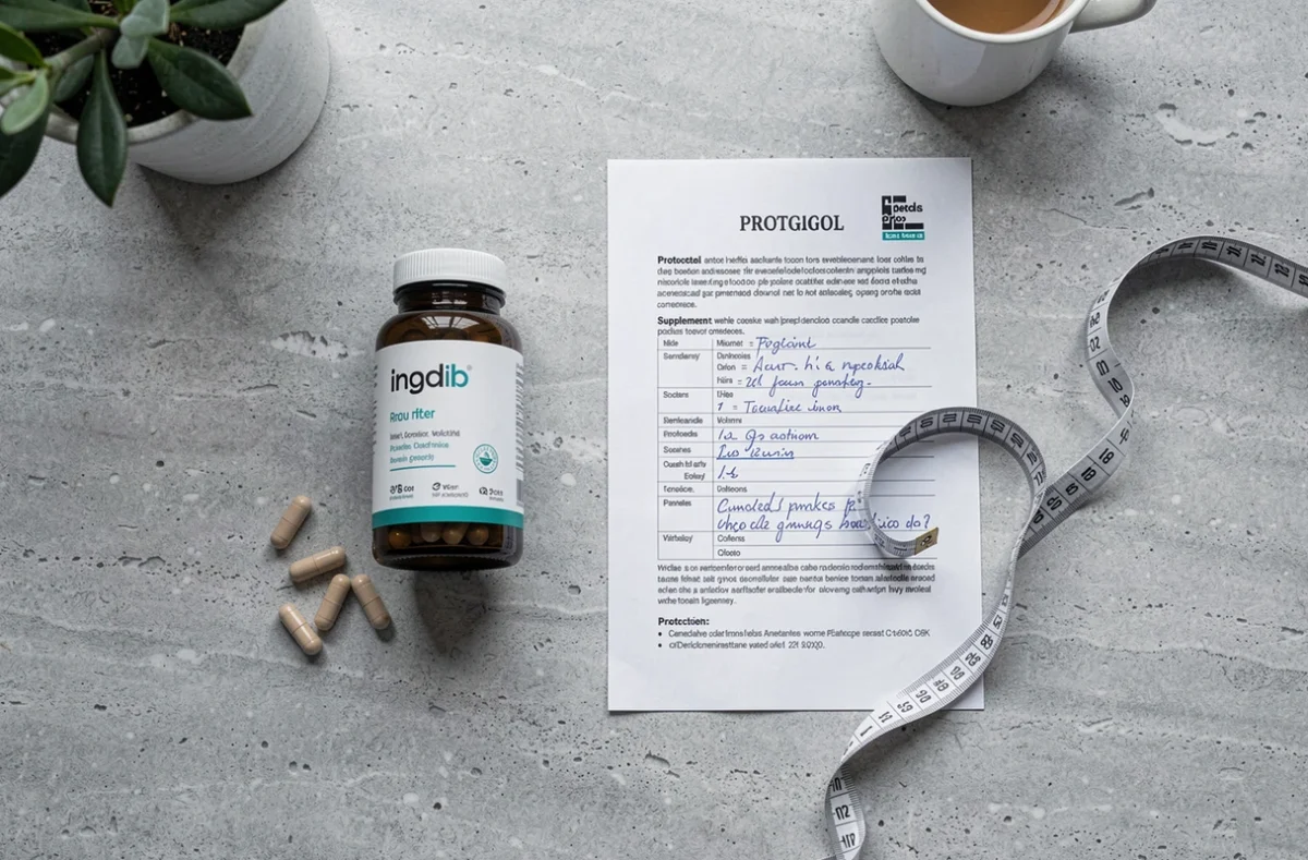 Vue du dessus d'un protocole de complémentation Power 1000 avec capsules et fiche de suivi sur comptoir