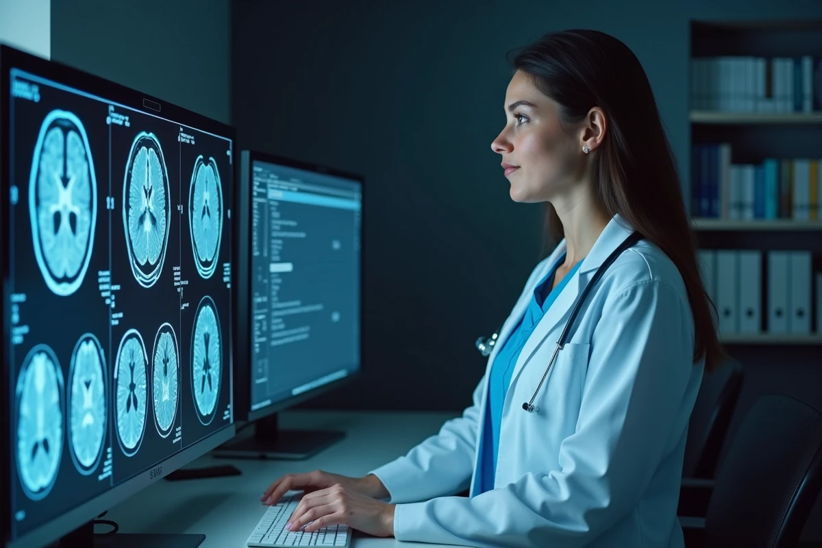 Radiologue analysant des IRM cérébrales sur écran diagnostique en salle de lecture hospitalière