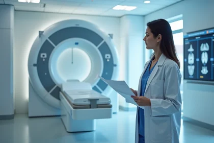 Radiologue debout à côté d'un scanner TEP dans un service de radiologie hospitalière moderne