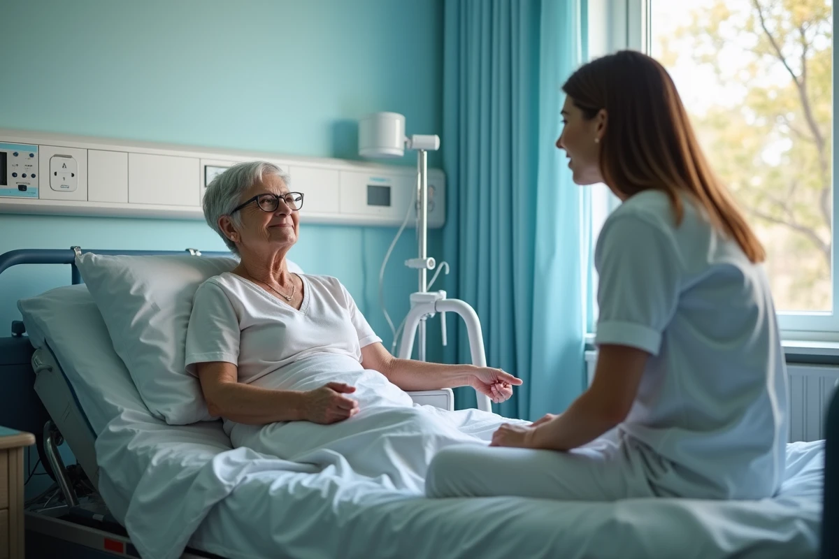 Femme de 60 ans en rééducation dans un hôpital