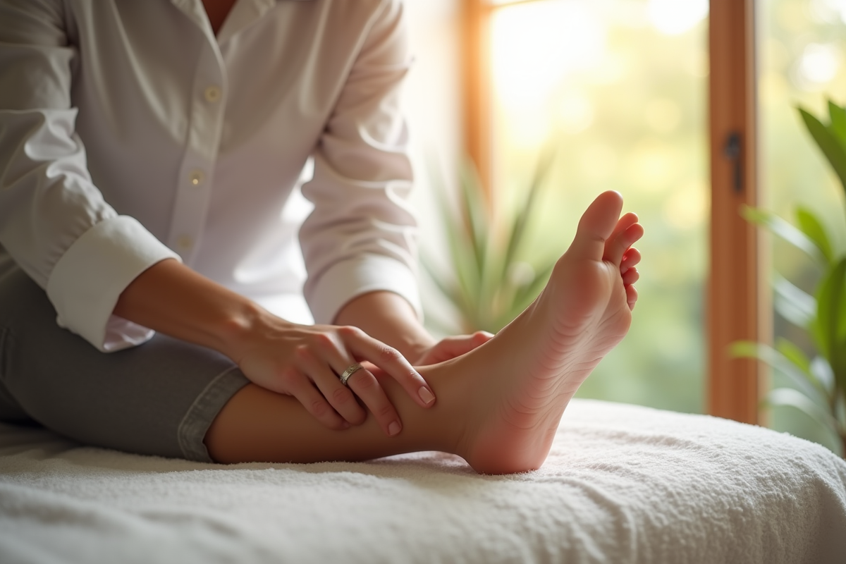 Praticien en reflexologie pressant le pied dans une clinique lumineuse
