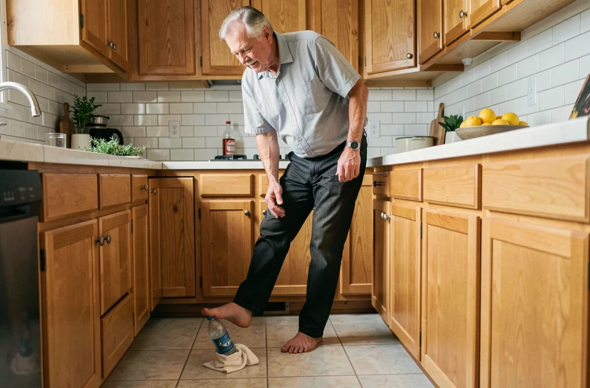 Homme soulageant son épine calcanéenne avec un remède de grand-mère à base de froid dans sa cuisine