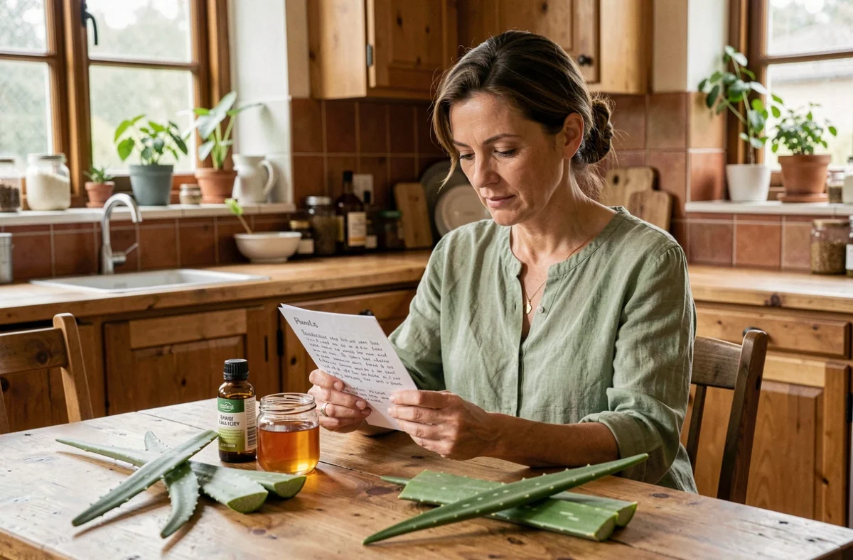 Femme consultant une recette de remède naturel avec huile essentielle d'arbre à thé, miel brut et aloe vera sur une table en bois rustique