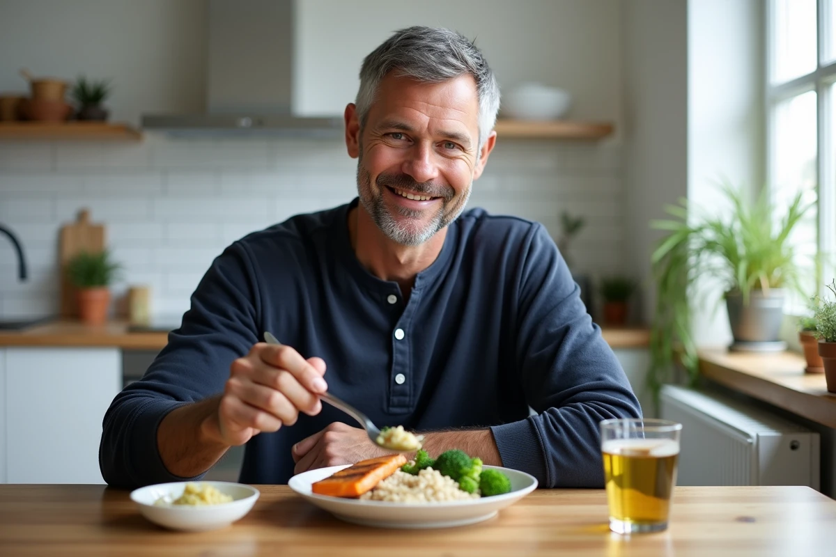 Homme mangeant un repas anti-inflammatoire avec saumon, brocoli et choucroute pour apaiser l'intestin irritable