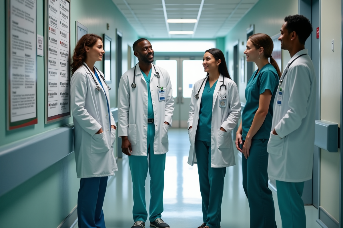 Groupe de résidents médicaux discutant dans un hôpital