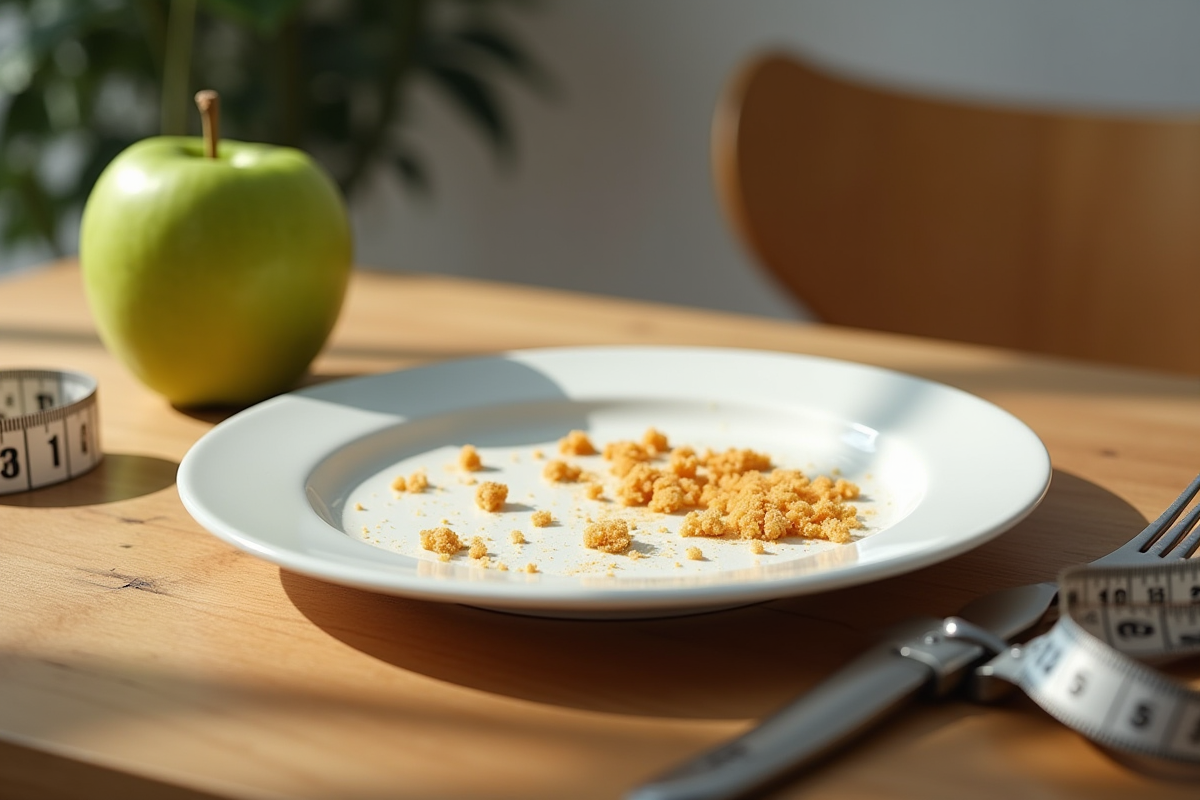 Assiette vide avec miettes de pain et une pomme verte sur une table en bois