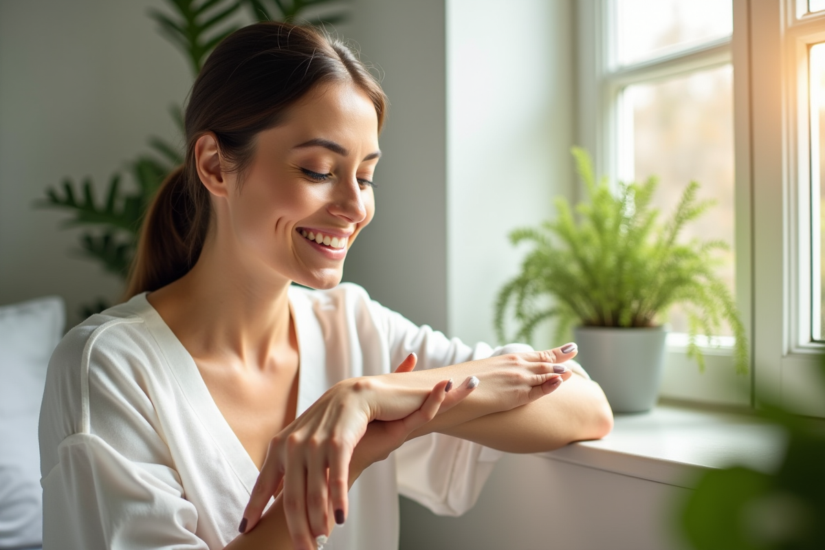 Femme souriante appliquant une crème hydratante naturelle
