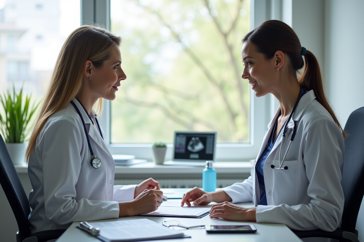 Sage-femme et femme enceinte lors d'une consultation